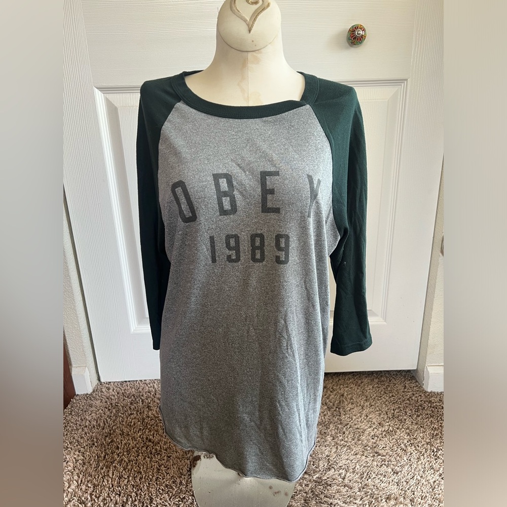 Obey 1989 Raglan Baseball Tee Gray and Forest Green Women’s Men’s